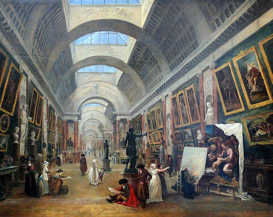 Projet d'aménagement de la Grande Galerie du Louvre (1796).https://commons.wikimedia.org/wiki/File:Hubert_Robert_-_Projet_d%27am%C3%A9nagement_de_la_Grande_Galerie_du_Louvre_(1796).JPG

The viewer is positioned within the gallery looking down its length, giving a strong sense of depth and perspective. 

The ceiling appears vaulted, with large arches and perhaps skylights or clerestory windows (suggesting zenithal lighting) that bring in daylight from above. This lighting enhances the sense of a museum space. 
quatuor.org


The walls: Both sides of the gallery are lined with paintings hung closely (“touche-touche” style) and shelves or pedestals of sculptures. On the right side, in the foreground, there is an easel with a painting in progress and a figure at work.

The gallery is structured by series of large arches, double columns or pilasters with Corinthian capitals, and regular bays — all giving a rhythm to the space. The floor appears smooth and polished; the walls are neutral, letting the artworks stand out.

In the scene there are a number of visitors or artists: some seated, some standing, some copying works. 