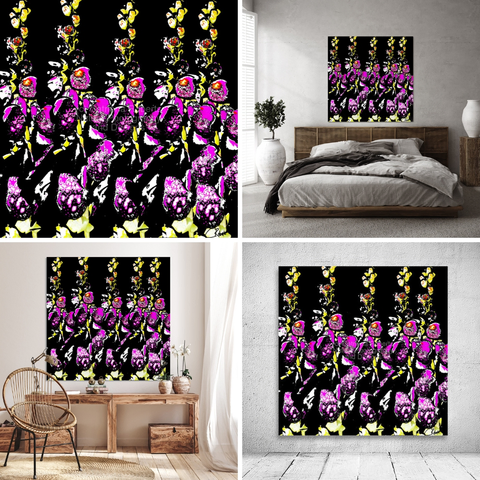 Upper left digital image featuring the design- 

Groovy Foxgloves Pinks and Yellows. 

Upper right design on a Canvas Print on a wall above a bed. Lower left design on a Canvas Print on a wall above two small tables. 

Lower right design on a Canvas Print on an exhibition wall. 
  
Two in one design, close up photo of Foxglove flowers combined with an abstract acrylic, combined via digital manipulation using various modalities (including the Magic Background Remover in canva.com) allowed this hippie, groovy Foxglove design to emerge. 

Mockups combined in a grid format in canva.com

Click links in the main post for options.


