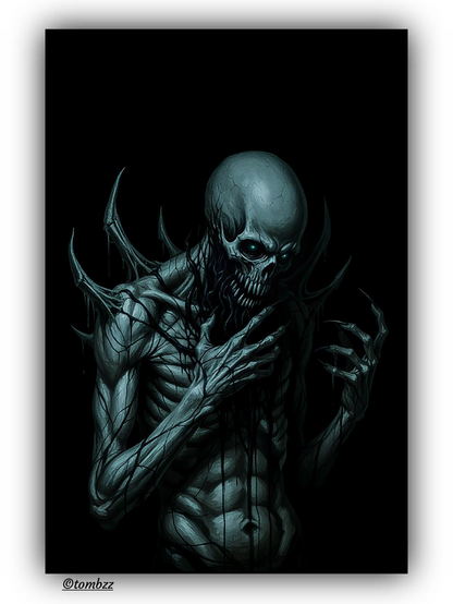 Against a black background emerges Ezramoth... a humanoid figure with an emaciated, skeletal frame, herald of Morveth, the one who waits in the fractures of time. His skin is a cold, bluish-gray hue, reminiscent of a corpse steeped in shadow. The head is elongated and bald, with deep-set eye sockets and a wide, predatory grin revealing sharp, uneven teeth. Thick, black fluid seeps from his mouth and hands, as if leaking from a corrupted core. His back and shoulders are covered in sharp, curved spikes that resemble organic plow-shadows... fragments of armor or mutated bone. Long fingers end in claws. The gesture of his hands, one at his throat and the other reaching toward the viewer, suggests tension, perhaps pain, perhaps hunger. His head tilts slightly, as if in a state of focused listening or distorted prayer. Ezramoth is a messenger... he appears when the rift opens, foretelling the arrival of Morveth.