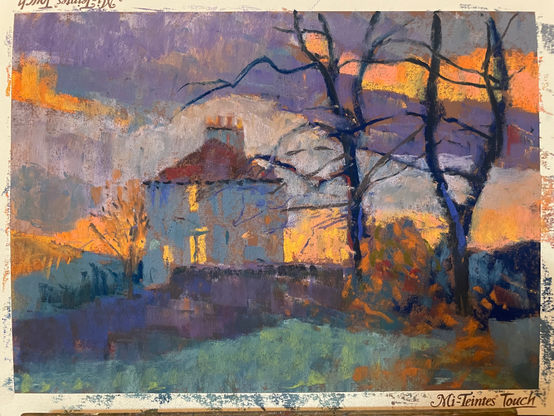 Pastel painting of house and trees at sunset