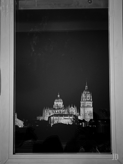 Una fotografía en blanco y negro, tomada a través de un marco de ventana, muestra un majestuoso complejo arquitectónico, probablemente una catedral o iglesia grande, brillantemente iluminado de noche. El edificio presenta múltiples cúpulas y una torre alta y prominente a la derecha, con muchos detalles ornamentados visibles gracias a las luces que lo bañan. El cielo nocturno detrás del edificio es completamente oscuro, lo que crea un fuerte contraste con la estructura iluminada. En primer plano, se aprecian las siluetas oscuras de árboles o vegetación, y en el cristal de la ventana, se ven algunos reflejos tenues y formas indistintas de lo que parece ser el interior de una habitación.