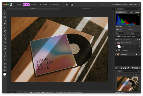 A screenshot of Affinity with a PSD mockup of a vinyl record.