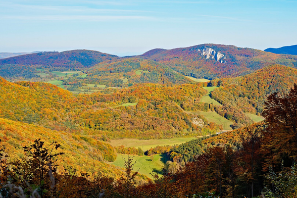 Autumnal view of the wienerwald from the hocheck towards the peilstein, lower austria