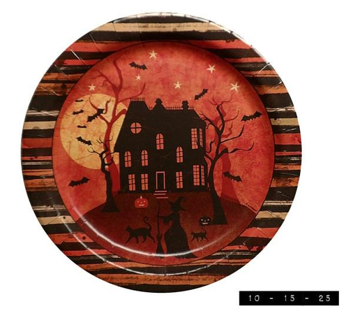 Unique Brand Halloween paper plate with a full moon rising over a haunted house surrounded by bats and bare trees.  Also shows a witch and black cats in the foreground and two  carved pumpkins illuminated from the inside.  9" in diameter.  I like the idea of paper plates but I end up never using them because they're too cute and too wasteful.  The enchanting multi-colored striped rim on this one makes me wonder if anyone else is toying with the idea of framing it and hanging it on a wall....  