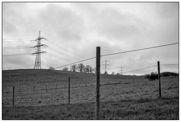Eine hügelige Landschaft in der Westpfalz im Schwarzweißbild, durchzogen von Weidezäunen aus Holzpfählen und Draht. Strommasten mit Hochspannungsleitungen verlaufen quer durchs Bild. Am Horizont stehen kahle Bäume unter einem bewölkten, grauen Himmel.