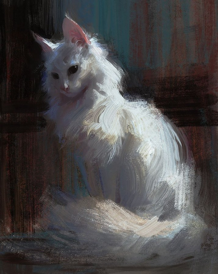 A digital painting of a fluffy white cat with long fur, shown sitting. The cat is rendered with visible, expressive brushstrokes in white and grey, set against a dark, moody background that highlights its form.