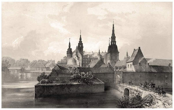 View of Frederiksborg Castle from the city gate, with the lake and bridge in the foreground and the palatial complex, featuring the prominent gate tower, visible beyond the city wall.