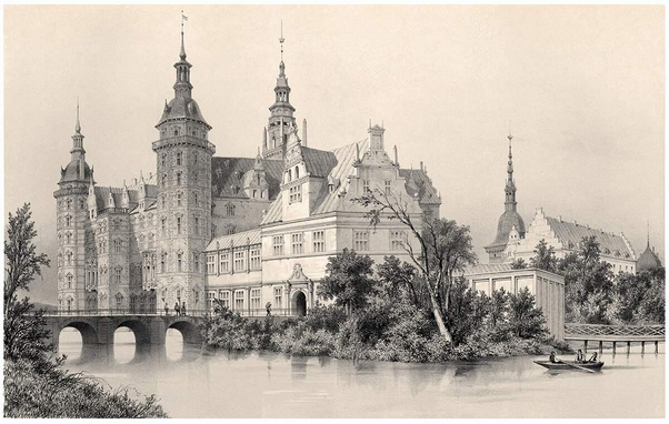 Lithograph depicting Frederiksborg Castle, with the moat and the audience hall in the foreground. The current castle is an early seventeenth-century complex located approximately 20 miles (32 kilometers) north of Copenhagen, Denmark. The audience hall, completed in 1616, is one of the few structures that survived the fire that severely damaged most of the castle in 1859.