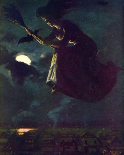 A painting depicting a witch in profile flying left on a broomstick against a dark, cloudy night sky, illuminated by a full moon. She wears dark robes, and her long hair streams behind her. A bat flies near her broom, and another is visible in the upper right. Below, a dark village with glowing windows is visible, with moonlight reflecting on distant water.