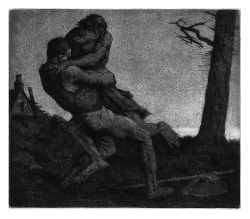 Two men are seen wrestling on a country road, with a house in the background. One is attempting to break free from his opponent’s grip by putting his hands around the other’s neck.