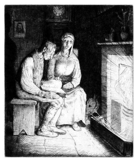 A man is sitting on a bench in front of a fireplace, reading from a book of Psalms, while his wife sits in a chair beside him.