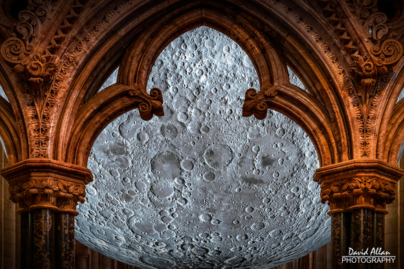 Amazing sight – a reimagining of our nearest celestial neighbour, seen as never before. Luke Jerram's lunar installation as viewed hanging in Durham Cathedral's crossing on the other side of the quire screen.
