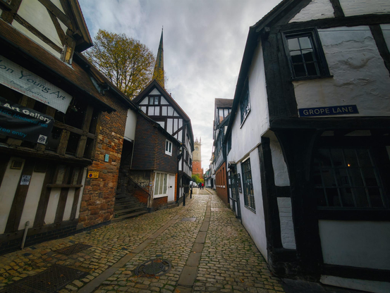 A narrow cobbled alleyway, Grope Lane, runs between distinctive timber-framed medieval buildings in Shrewsbury, with the street name clearly visible on a blue sign affixed to the right-hand building. The buildings lining both sides feature characteristic black timber frames set against white and terracotta-coloured walls, with small-paned windows and dark wooden doors at street level, including an art gallery entrance on the left. The street slopes gently upwards into the distance, where a church spire is visible against an overcast sky with patches of cloud, whilst sparse autumn foliage from nearby trees can be seen overhead. The atmosphere is atmospheric and quintessentially medieval, with the warm tones of the aged stonework and brickwork contrasting against the darker timber frames, creating a sense of stepping back into Shrewsbury's historic past as one of England's best-preserved medieval towns.
