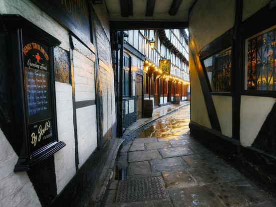 A narrow, covered passageway called Barracks Passage runs beneath historic timber-framed buildings in Shrewsbury, with exposed dark wooden beams set against whitewashed walls creating a distinctive architectural framework overhead. The wet flagstone floor reflects warm golden lighting from decorative lanterns strung along the passage, whilst a signboard for the Henry Tudor Inn displaying opening hours and the motto "By Joule's It's Good" is prominently mounted on the left-hand wall in black and gold lettering. The passage slopes gently downhill towards the inn's entrance, which is visible in the distance with its characteristic half-timbered façade and warm amber-coloured lighting spilling across the stonework. Medieval decorative panels and artwork adorn the right-hand wall, adding character to this atmospheric walkway that epitomises the hidden historic charm found within Shrewsbury's town centre, with the damp stonework and ambient lighting creating an inviting, intimate atmosphere.
