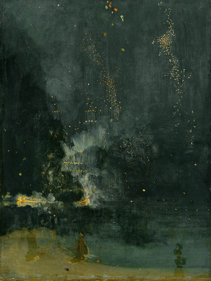 Rocket is fundamentally composed of bleak tones, with three main colors: blue, green, and yellow. Restricted in its use of colors, the piece develops a muted yet harmonious composition.The billowing smoke gives the viewer a clear distinction between the water and the sky, where the separation blurs into a cohesive and somber space. It is this large avalanche of fog that represents the rocket of the title. Dabs of yellow enliven the artwork as exploding fireworks in the misty air. The figures watching are almost transparent, their shapes general and simplistic.