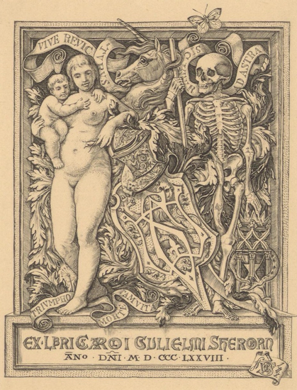 etching: ex libris with a mother and child, a unicorn and a skeleton 