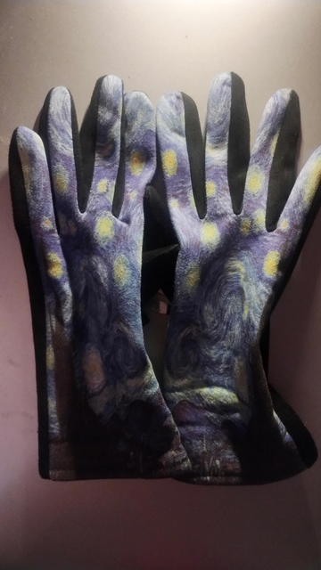 A pair of gloves with Vincent Van Gogh's Starry Night printed on the tops