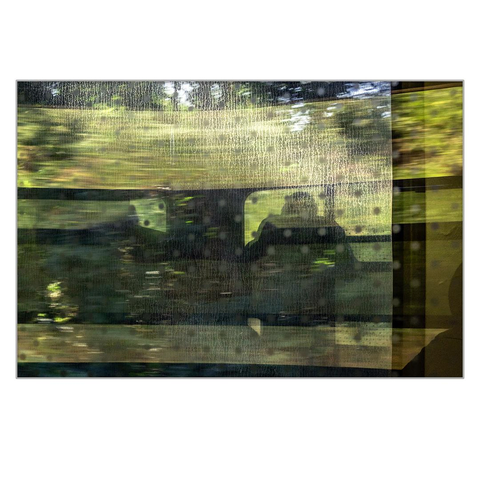 The speckled window of a train compartment reflects the window of the train corridor, through which a man looks out, with passing, blurred trees visible in the background.