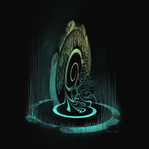 watercolour; abstract image of a spiral at vertical angle, inside vertical drops fall, it's pulling a spiral on the ground upwards in fractal distortions 