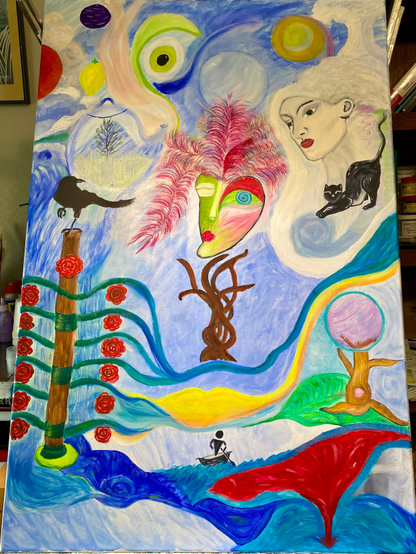The painting is a vibrant, surreal composition with a dreamlike quality. In the center, there's a stylized face with green and pink sections, flanked by feathery red plumes and supported by a twisted, tree-like trunk. To the right, the face of a pale woman with dark green eyes and red lips emerges from a white, cloud-like background, with a black cat perched near her neck. Above, swirling abstract shapes and colorful circles, including a sun and a lemon, fill the sky. A prominent tree with red roses and green rings forms a column on the left. At the bottom, a small black figure rows a boat along a blue, swirling river that transitions into a bold red current, bordered by flowing shapes of green, yellow, and blue. Various smaller surreal elements, such as a bird, a crystal ball-like sphere, and an ethereal landscape, further enhance the sense of fantasy. The overall effect is whimsical, emotional, and visually rich, blending organic and abstract forms.