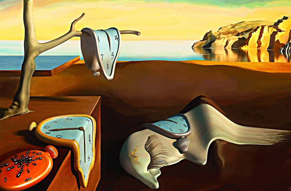 A famous Salvador Dali painting depicting a brown, desert-like landscape leading to a mirror-like sea and some cliffs in the background and with three melting clocks with light blue faces: one mid frame draped over the branch of a dead tree, one in the foreground draped over the edge of a brown wooden bureau, and one atop a grey figure on the ground. 