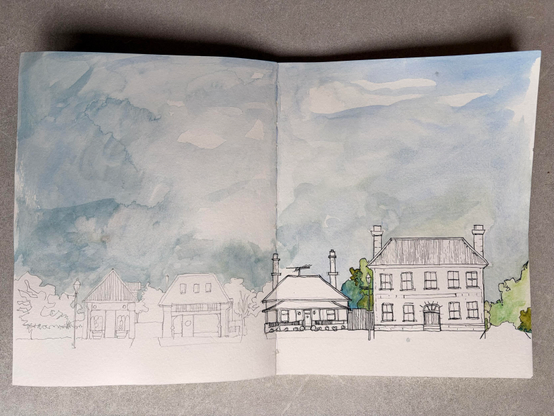 A double page spread of four old buildings. The sky is prominent. Two houses are inked but not yet painted. The other two are still pencilled.  