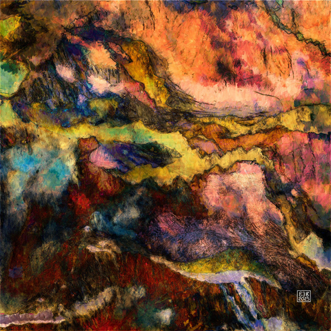 Painting with yellow, orange, purple, black, green, and blue brush strokes
