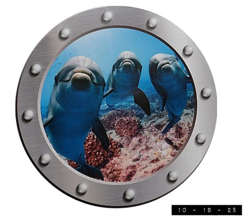 Magnetic faux porthole showing three dolphins looking in.  The "porthole" is well below the waterline but close enough to it to show a glimmer of natural light illuminating the scene from the upper left.  I guess people buy these and put them on their cabin doors when they go on cruises, perhaps to make their cabin door more unique and easier to find.  I bought mine to put on my refrigerator so I can more easily distinguish it from my stove.  It only cost me about five bucks - plus the price of all the Gorton's beer-battered fish that's  been disappearing from my freezer!
