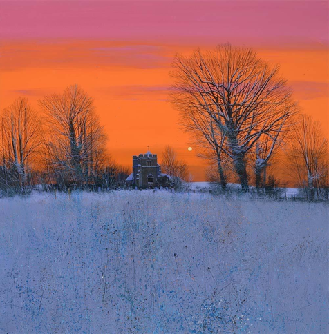 A serene winter landscape featuring a small church with a steeple, surrounded by bare trees. The foreground is covered in snow, with hints of blue wildflowers. A vibrant orange and pink sunset fills the sky, with a visible sun setting in the