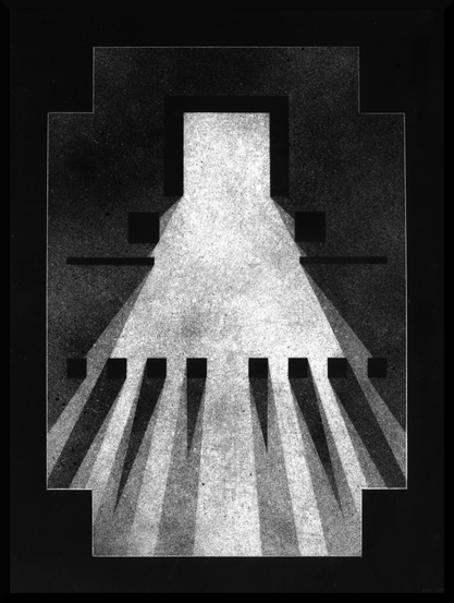 A black and white scratchboard drawing depicting a geometric architectural composition. A rectangular doorway at the top center emits a wide beam of light that expands downward, creating sharp, elongated shadows that stretch toward the foreground. The composition is symmetrical, with blocks and horizontal lines reinforcing a sense of balance and depth. The strong contrast between dark and light areas emphasizes the illusion of space and architectural solidity, evoking a monumental, almost sacred atmosphere.