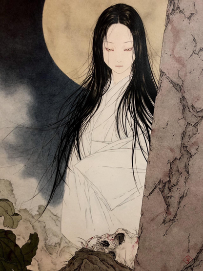 A woman with long, dark hair and pale skin stands in front of a moonlit background. She wears a white garment and gazes slightly off to the side, with an enigmatic expression. At her feet, a skull is partially visible, surrounded by