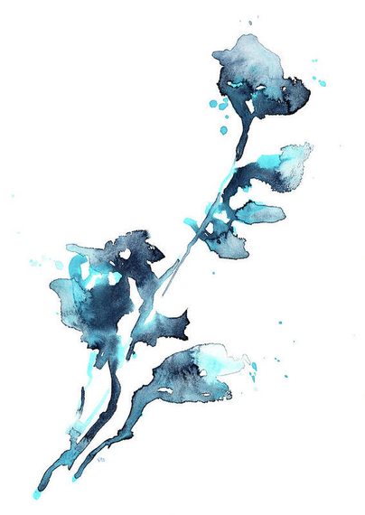 Indigo flowers is a watercolor painting in portrait format by artist Karen Kaspar. It shows silhouettes of flowers in shades of blue and teal on a white background. A single stem with leaves and blossoms is depicted, with splashes and drips adding an abstract quality to the representation. The leaves and blossoms vary in shape and opacity, creating a sense of movement and fluidity.