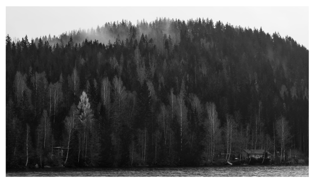 En liggande svartvit bild på ett litet berg med skog. Framför ligger en sjö och vid strandkanten ligger två hus ca hundra meter från varandra. Längst upp stiger fukten som rök över trädtopparna.