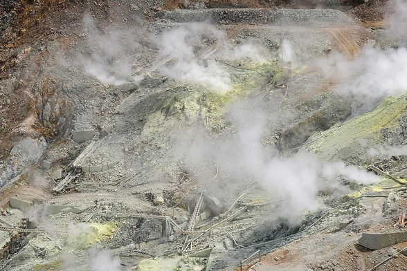 The sulphur mine in the Owakudani volcanic valley, Hakone, Japan, is a tourist attraction known for its sulfur vents, hot springs, and scenic views of Mount Fuji