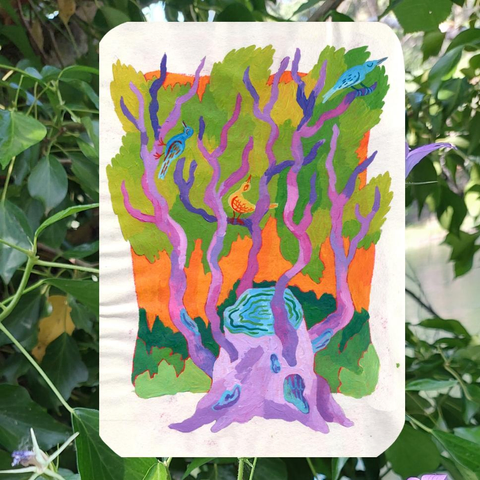 A colorful acrylinc painting of a tree stump, where multiple new branches grow from. Three birds are resting in its foliage.