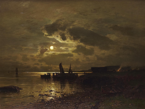 A night scene depicting a calm waterway illuminated by moonlight. Silhouettes of boats with sails are present, along with figures near the shore. The sky is filled with clouds, creating a dramatic atmosphere, while a faint glow suggests distant fires on