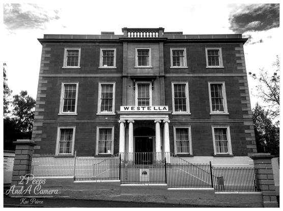 A powerful, straight on black and white photograph of Westella House, a three-story, symmetrical historic building with a central portico featuring columns.

The name 'WESTELLA' is visible above the main entrance. The foreground includes a low wall and black metal fencing.