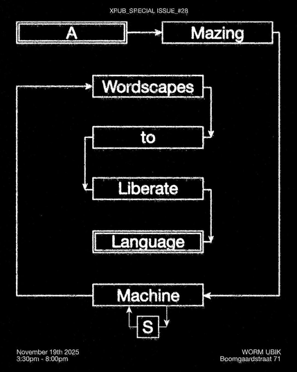 A graphic on black background, with the following text:

“XPUB_SPECIAL_ISSUE_#28. A_Mazing Machine_s – Wordscapes to Liberate Language. November 19th 2025, 3:30pm – 8:00pm. WORM UBIK, Boomgaardstraat 71”