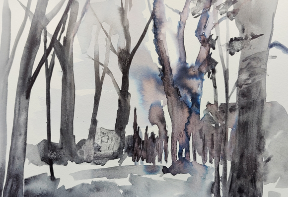 A moody, wet, watercolor in black and hues of blue. Bare trees, part of a fence. 