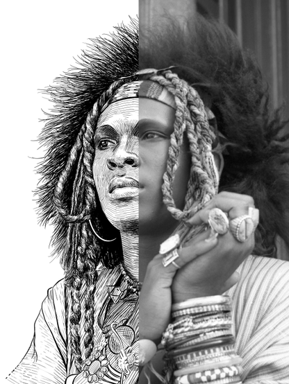 Black and white drawing of an African American man named Sylvester, with the right half of the image being the reference.