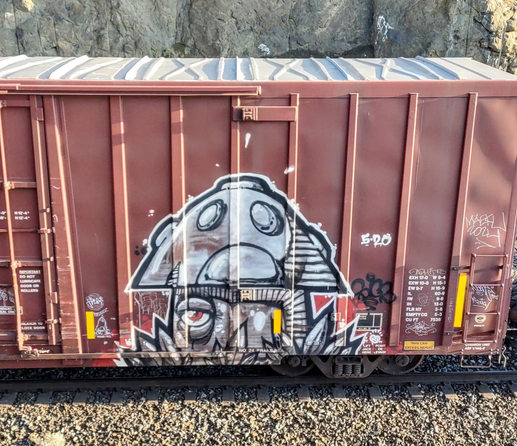 Train car with graffiti rolling through Kamloops BC Canada