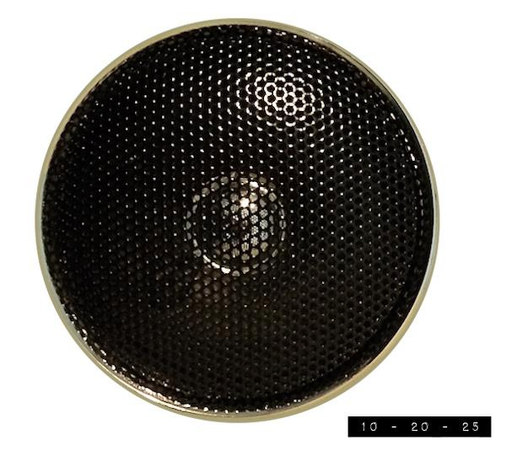 The left caged loudspeaker on my Jensen AM-FM/CD/MP3 player.  The speaker is 3" in diameter.  A tag on the back tells me that it and the rest of this unit was made in China in Dec 2013.  An identical speaker on the right allows me to listen to music in stereo.  My grandmother thought stereo was an invention of Satan.  "If mono was good enough for Adam and Eve, it's good enough for me!" she used to say.  She may have been joking.  In my estimation, the fact that this unit requires as many as 8 "C" batteries to run it is the real evil.  