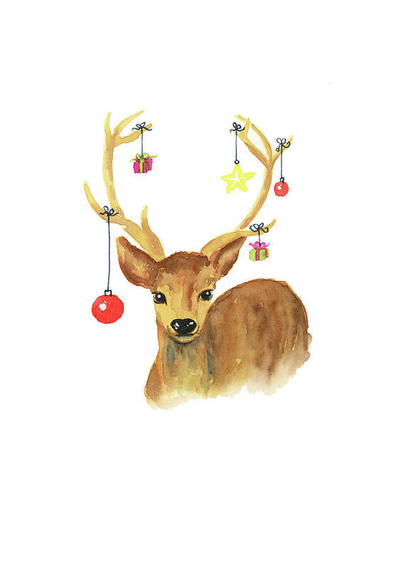 Christmas deer is a watercolour painting in portrait format painted by the artist Karen Kaspar. A brown deer, of which the head and upper body are painted, looks friendly in the direction of the viewer. The animal's antlers are decorated for Christmas with colourfully wrapped small presents, a golden star and red Christmas baubles. The background is a wintry white colour.