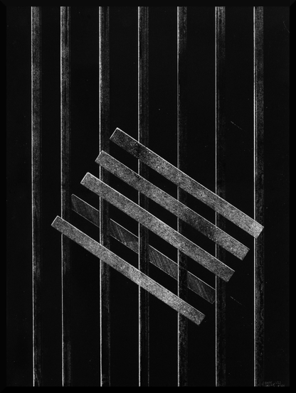 The image is a black and white composition with a geometric structure. Vertical lines run parallel across the entire frame, evenly spaced, creating a sense of rhythm and order. Superimposed diagonally across the center are six lighter rectangular bars, tilted from the lower left to the upper right. The bars intersect the vertical lines, forming a grid-like interaction of angles and textures. The background is matte black, while the lines and bars have a slightly rough, chalky or metallic texture, emphasizing contrast and depth. The overall appearance evokes the look of a relief print or a photographic reproduction of a minimal abstract artwork