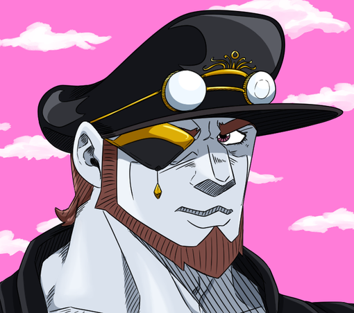 Maccarius, a roegadynn from Final Fantasy 14, drawn in the Jojo Bizarre Adventure style. He's wearing a leather cap with golden round glasses and a leather black coat. His right eye is hiddent buy a black and golden eye patch