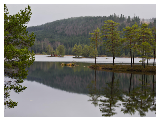 En liggande bild på ett litet rött trähus på en liten ö med tallar i en sjö. Till höger om den är en liten större, liknande ö. Framför sticker en udde med tallar ut. I bakgrunden en skogsbeklätt berg.