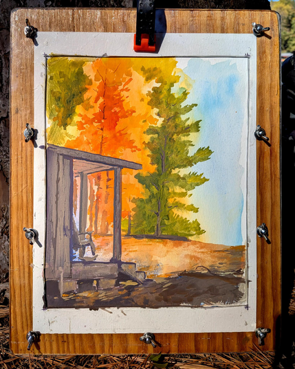 Second shot, close up and fully lit with a bit more work on the painting. It also shows the custom clamp board - 9 bolts with wing nuts run through an 11-by-14-inch piece of polyurethane-coated plywood and an acrylic frame. The open window in the acrylic sheet and bolts perfectly fit a 9-by-12-inch sheet of watercolor paper and gives an 8-by-10-inch live area for painting.