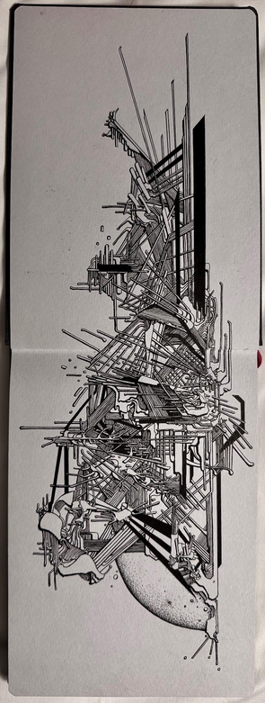 An abstract black and white illustration featuring intricate geometric structures, interwoven lines, and distorted forms.