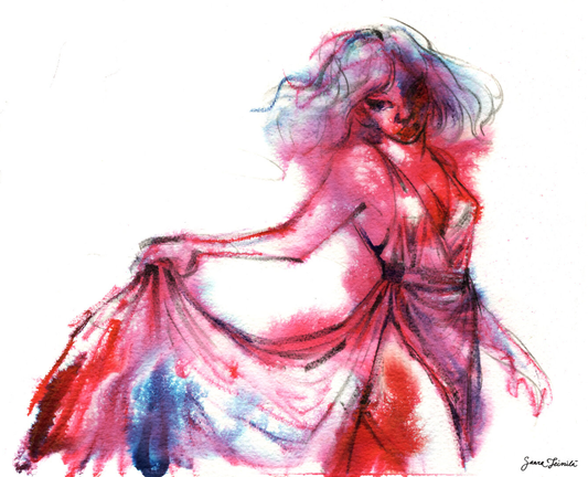 A colorful ink painting of a woman holding her skirt