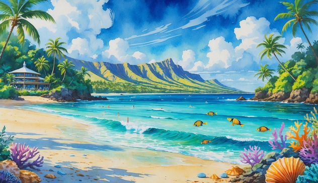 seems like a nice watercolor-style illustration of a vaguely hawaiian scene, but certain details give it away as AI-generated